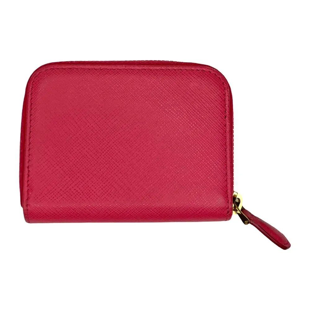 Prada Saffiano Leather Zip Coin Purse Compact Wallet Pink Gold Logo Italy Small